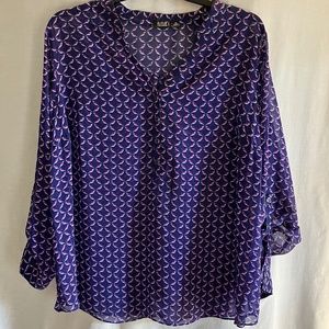 Blue tiny bird patterned roll tab sleeve blouse